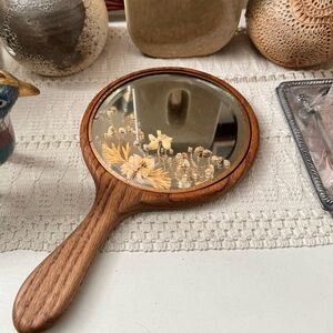 Vintage solid oak pressed flower hand mirror